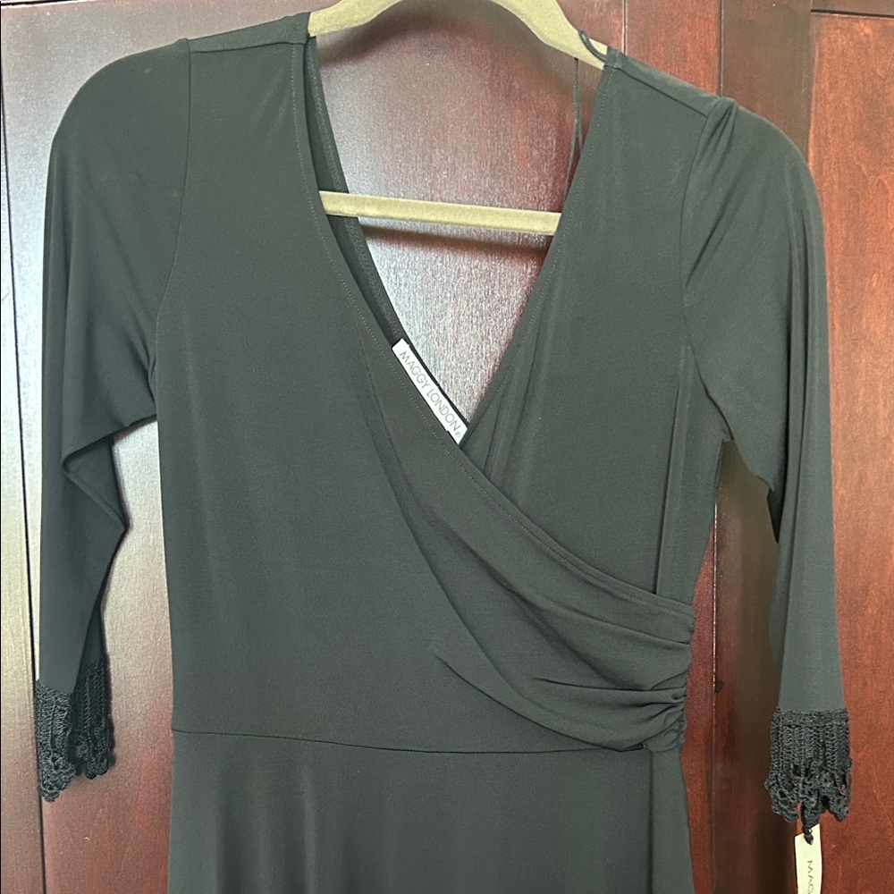 Maggy London Black Midi Wrap Dress with Lace Cuffs
